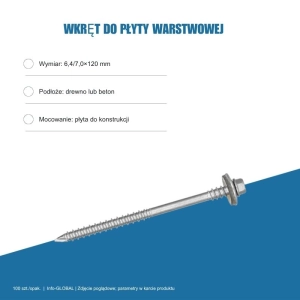 Wkręt do płyty warstwowej Info-GLOBAL ARW 0 CSG 6,4/7,0×120 mm, bez lakieru, 100 szt. Wkręt do płyty warstwowej Info-GLOBAL ARW 0 CSG 6,4/7,0×120 mm, bez lakieru, 100 szt.